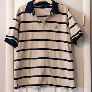 Cream & Navy Striped Short-Sleeved Polo Shirt